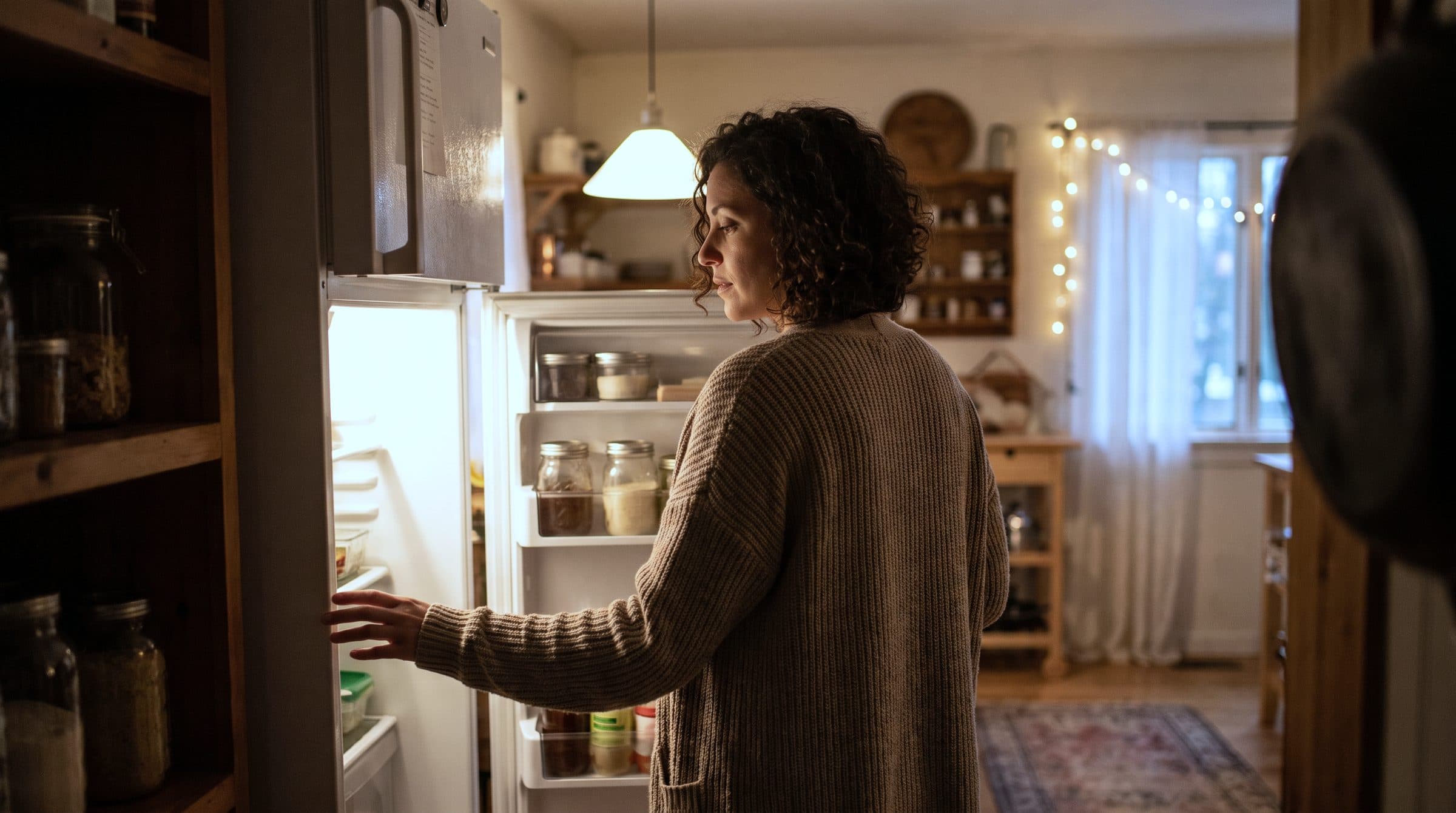 Mulher abrindo a geladeira na cozinha à noite, de costas